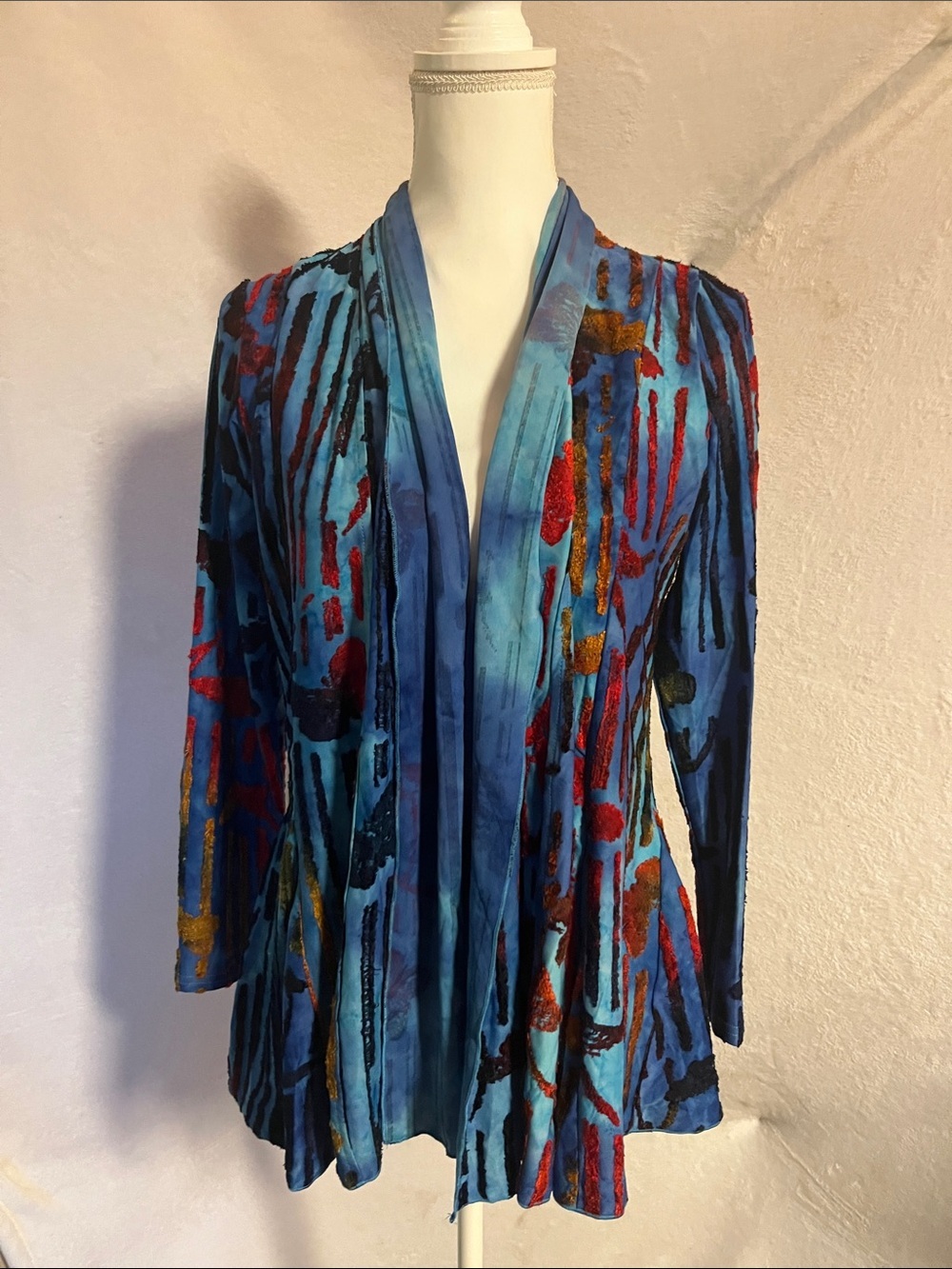 Blue Patterned Open-Front Women's Blouse